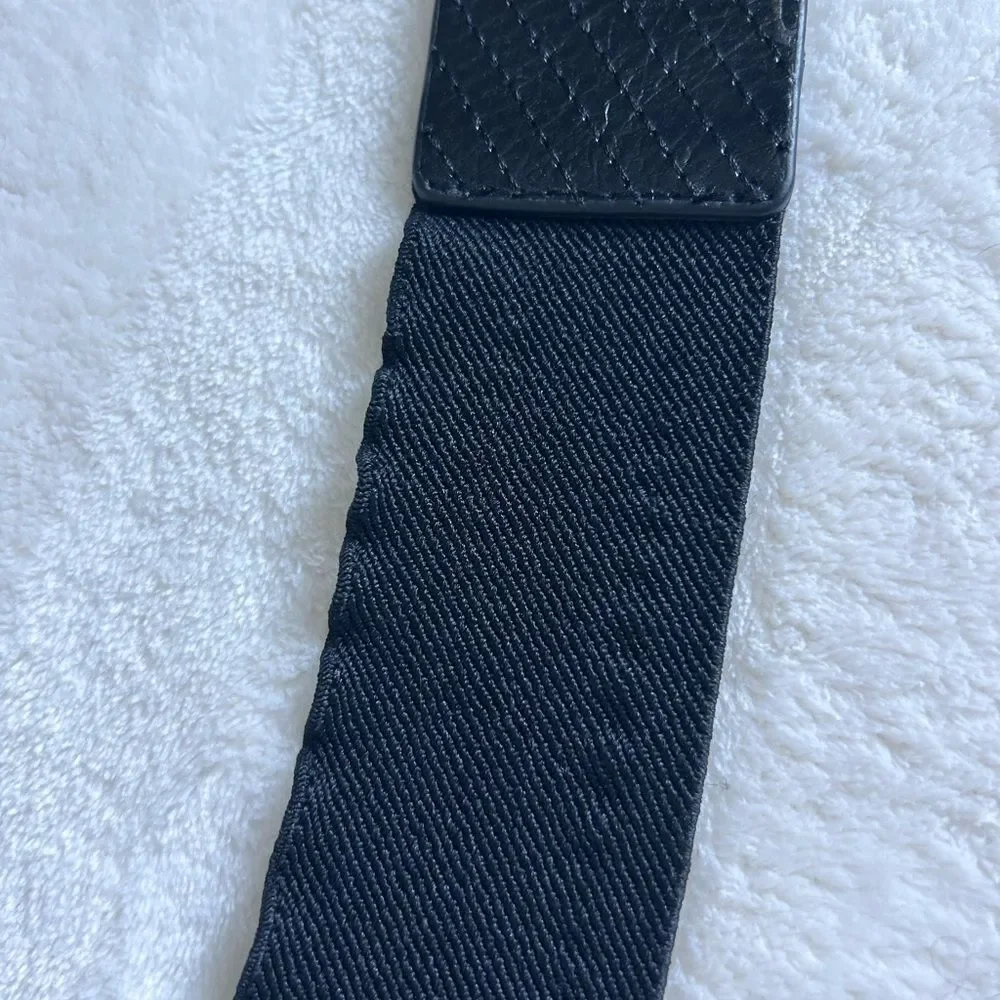 Black Wide Stretch Belt with Silver Statement Buckle Textured Faux Leather